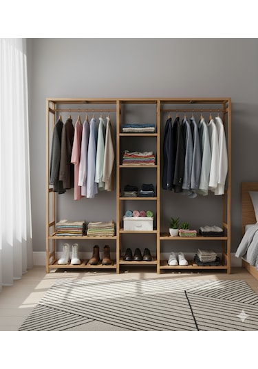 Ahşap Açık Gardırop Elbise Askılığı Kahverengi