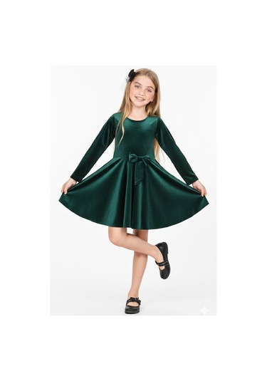 Kız Çocuk Kadife Elbise-içi Tüllü Ve Fiyonk Süslemeli 7-12 Yaş 12427 Petrol Yeşili