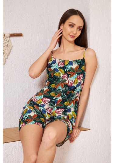 Çok Renkli Yaprak Desenli Tulum Dm4002 Lacivert