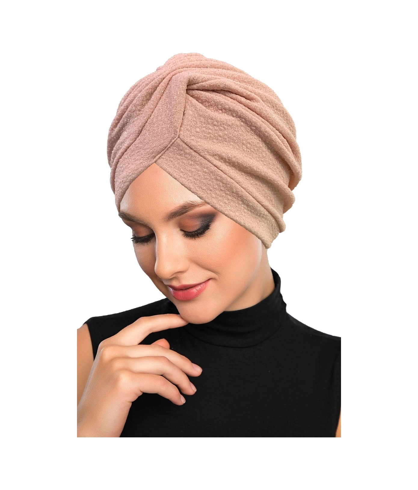 Çapraz Fukuro Simli Astarlı Pudra Hazır Türban Tesettür Abiye Bone Pudra