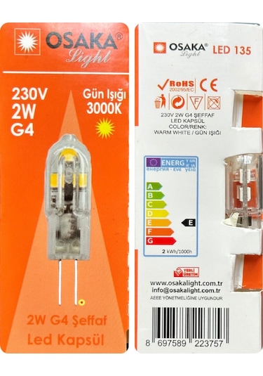 6 Adet Osaka 2w Sarı Işık 3000k G4 Duylu Led Kapsül Ampul