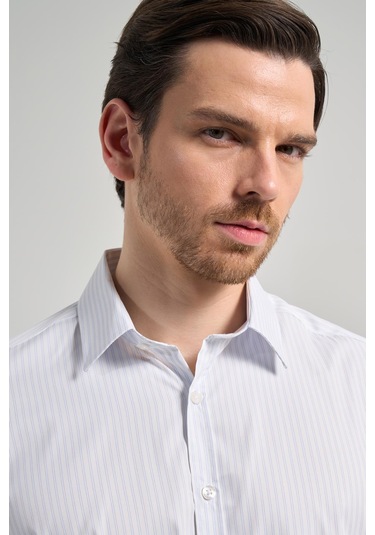 Beyaz Uzun Kol Desen Yarım İtalyan Yaka Cepsiz Esnek Classic Slim Fit Gömlek 1004245220 Beyaz