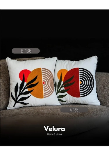 Dekoratif Kırlent & Pinterest Kırlent & Keten Kumaş - Nakış İşleme & A136-b136 Turuncu - Yeşil