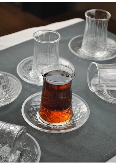 12 Parça 6 Kişilik Cam Çay Seti Çay Bardağı Takımı - Venedik Şeffaf