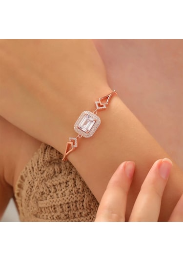 Zirkon Taşı Süslemeli Şık Gümüş Bileklik Rose Gold 925 Ayar