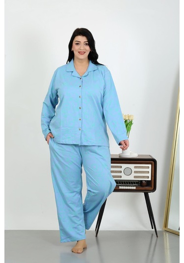 Akbeniz Kadın Büyük Beden Pamuklu Cepli Düğmeli Mavi Pijama Takım 202504 Mavi