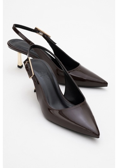 Arty Kahverengi Rugan Sivri Burun Arkası Açık Kadın İnce Topuklu Ayakkabı Kahverengi
