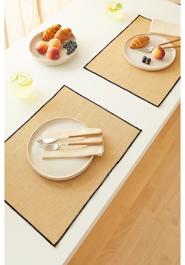 Home Wave 6'lı Siyah Dikiş Detaylı Jüt Amerikan Servis 45 X 35 Cm Bej