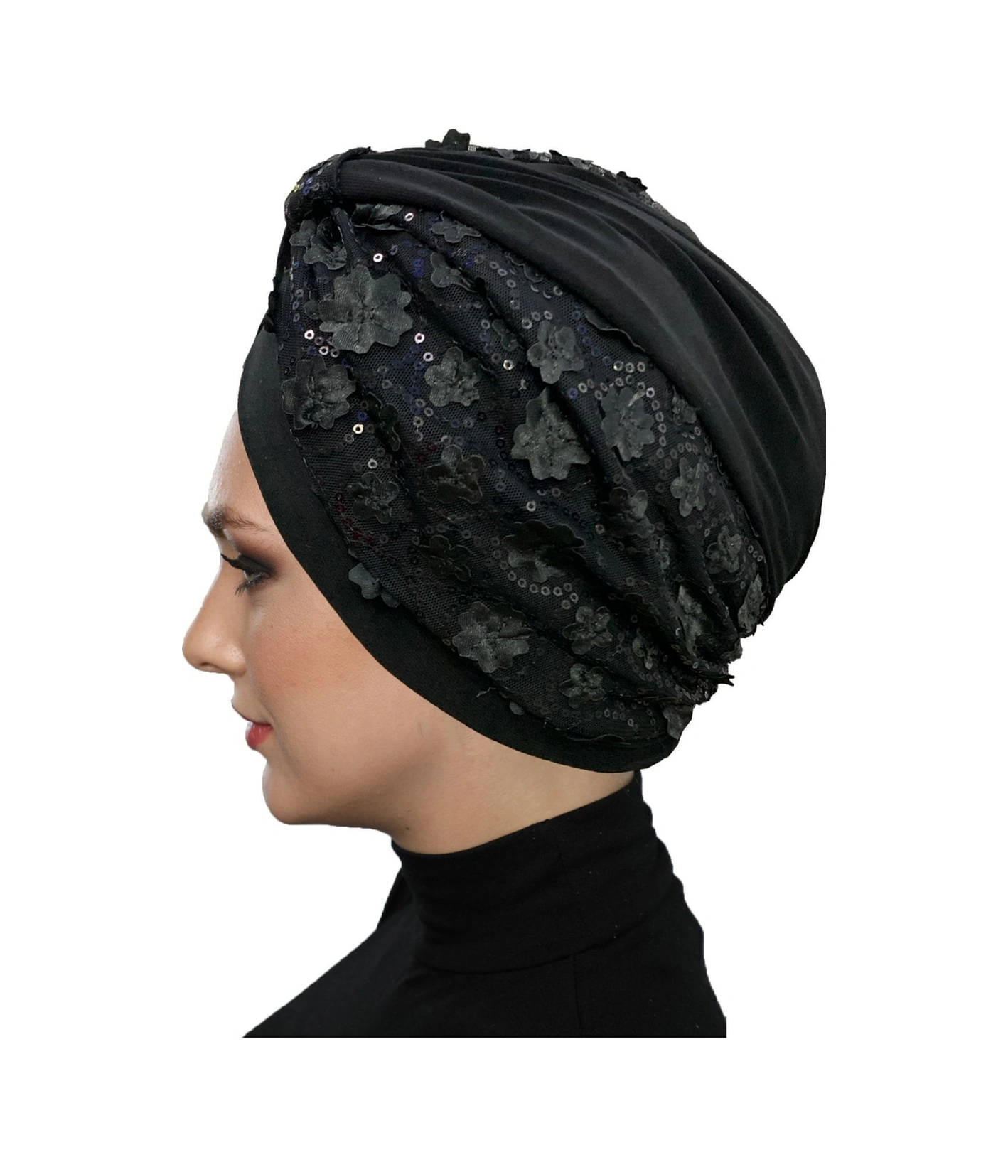 Özel Tasarım Siyah Pullu-dantel Çiçek Motifli Astarlı Hazır Türban Tesettür Abiye Bone Siyah26