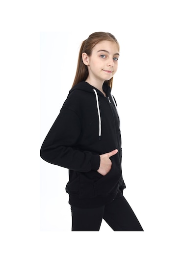 Toontoy Kız Çocuk Kapüşonlu Fermuarlı Cepli Düşük Omuz Nakış Baskılı Örme Hırka - 2 İplik Siyah