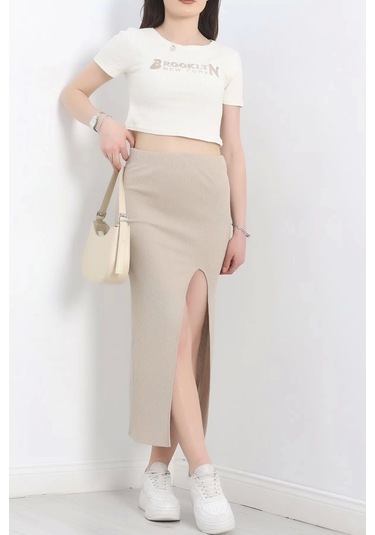 Nakışlı Etekli Takım Bej Beyaz S3899 Bej