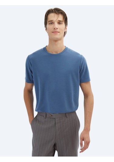 Kip İndigo Düz Bisiklet Yaka T-shirt Indigo