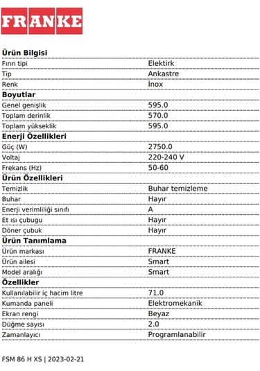 Franke Smart FSM 86 H XS Inox + Nero 71 LT Ankastre Fırın