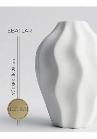 Dalgalı Model El Yapımı Özel Seri Seramik Vazo 25cm Beyaz