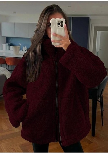 Madmext Bordo Dik Yakalı Cepli Peluş Mont Mg1966 Bordo