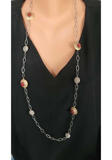 Nusret 925 Ayar Gümüş Akik Taşlı ve Halkalı Ajurlu Toplu Uzun Kolye