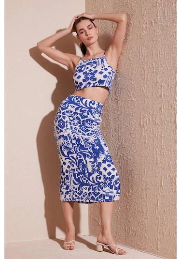 Lela Slim Fit Ip Askılı Yırtmaçlı Midi Alt-Üst Bayan Takım 5865726 Saks