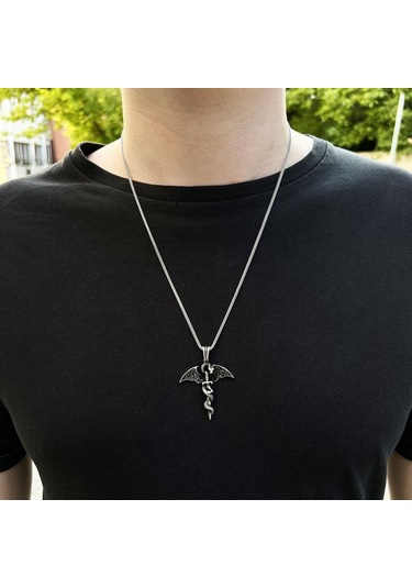 Gümüş Siyah Mikro Taşlı Kılıç Ve Ejderha Tasarım Erkek Kolye 552468532