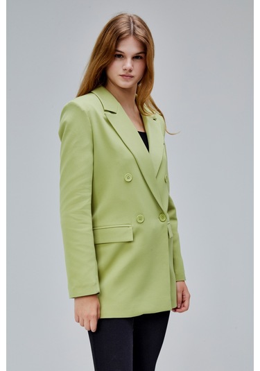 Açık Haki Regular Astarlı Kruvaze Kapama Dokuma Oversize Blazer Ceket Açık Haki