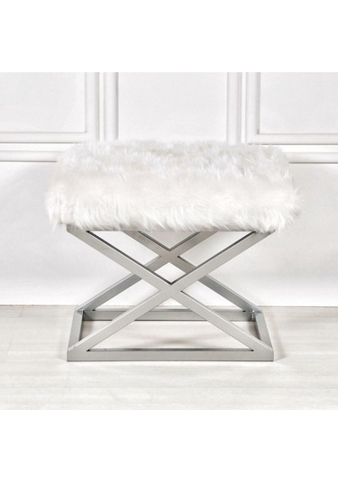 Evodeko Gümüş Çapraz Ayaklı Beyaz Peluş Puf