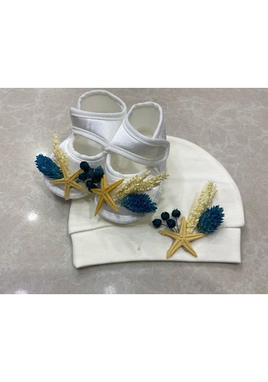 Lohusa Terlik Taç Anne Bebek  Takımı Petrol Mavi Kuru Çicek  Taç