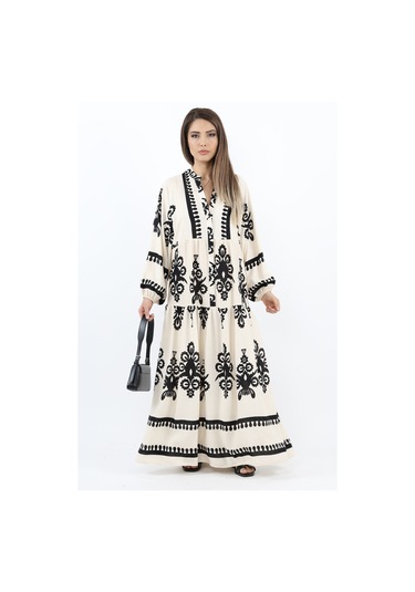 Prive Kadın Şal Desen Maksi Boy %100 Viskon Krem Siyah Uzun Elbise