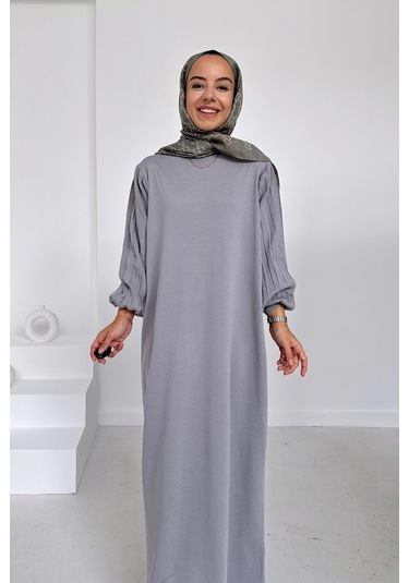 Balon Kol Merserize Elbise - Gri