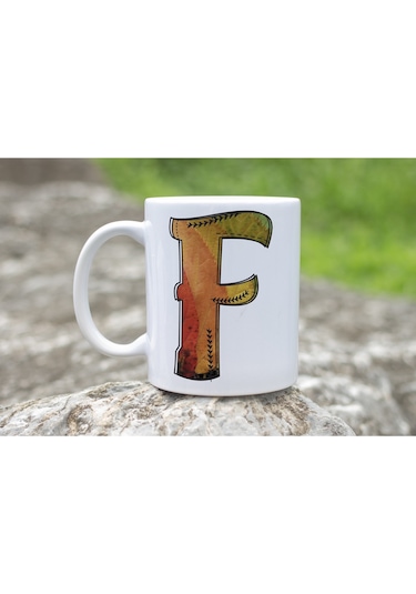 F Harf Yaprak Renkleri İle Kupa Bardak - Kişiye Özel Alfabe Harfli Bardak - Hediye Beyaz