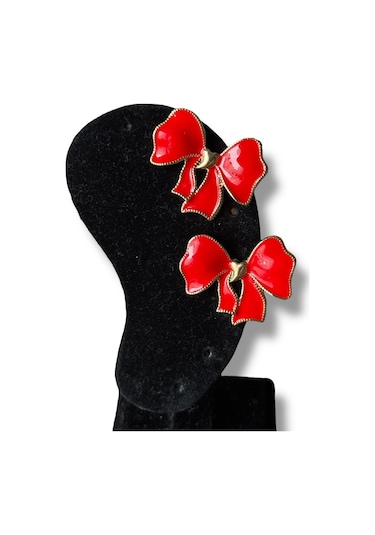 Kalp Detaylı Fiyonklu Bijuteri Küpe Kırmızı