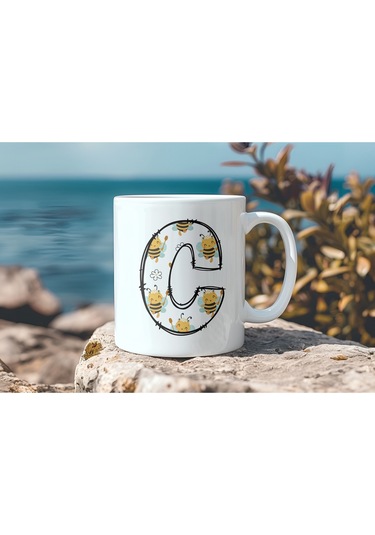 C Harfi Arı Desenli Kupa - Sevimli Hayvan Temalı Kişiye Özel Kahve Kupası - Şans Kupası Beyaz