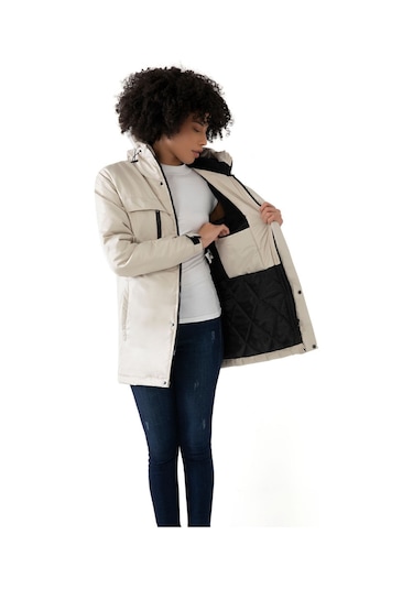 Kadın Taş Içi Polarlı Su Ve Rüzgar Geçirmez Kapüşonlu Kışlık Mont Kaban Parka Taş