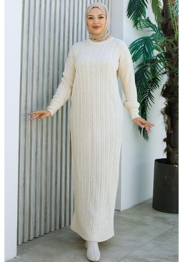 Brc2440ekru-bisiklet Yaka Örme Triko Elbise Ekru