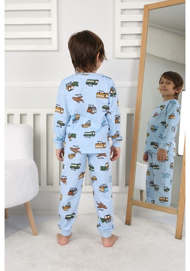 Zuzunga Transportation Veichle Desenli Çocuk Pijama Takımı Alt-üst Bej 3-8 Yaş Mavi