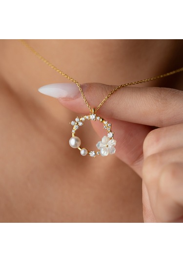 925 Ayar Gümüş Sedef Taşlı İncili Kolye Gold