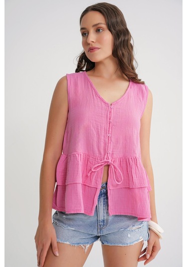 4722 Kadın V Yaka Fırfırlı Müslin Bluz Pembe Pembe