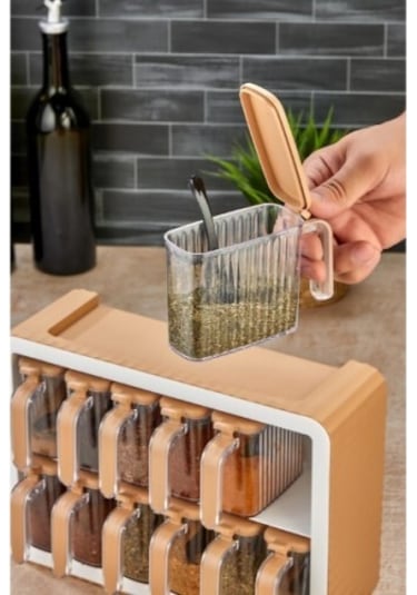 12'li Standlı Kaşıklı Baharatlık Seti Beyaz - Siyah