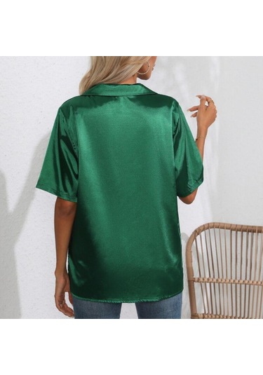 Kısa Kollu Gömlek Yaz Katı Saten Ipek Gömlek Düğme Yukarı Bluz Gevşek Ofis Kadın Blusas Casual Gömlek Tops Zarif 26107 Siyah