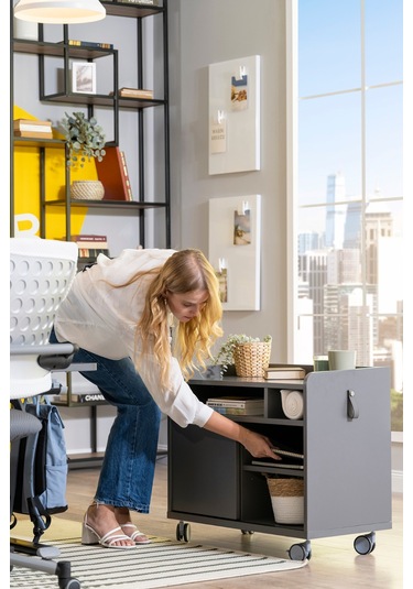 Creo Mobili Sürgü Kapaklı Organizer Smart Keson, Frenli Tekerlekli Ofis Ve Ev Komodini, Antrasit