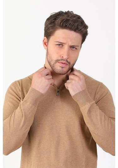Ferraro Camel Dik Yaka Düz Renk Pamuk Erkek Kazak Camel