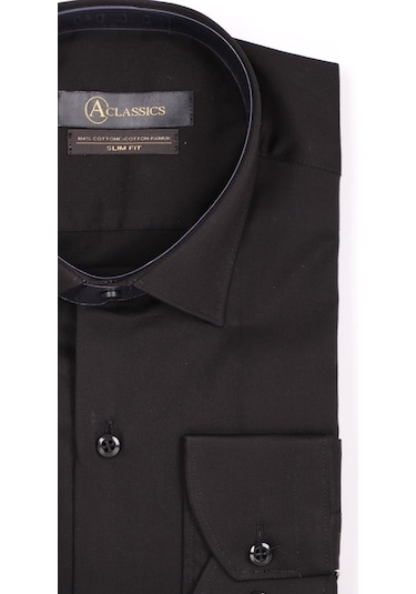 Aclassics Erkek Siyah Slim Fit Saten Pamuk Cepsiz Gömlek