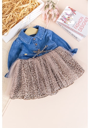 Babymod Denim Leopar Desenli Şık Özel Gün Kız Bebek Elbise Bej