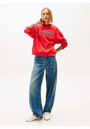 Tommy Hilfiger Kadın Tjw Boxy Tommy Applique Bisiklet Yaka Kazak-12522 Ateş Kırmızı