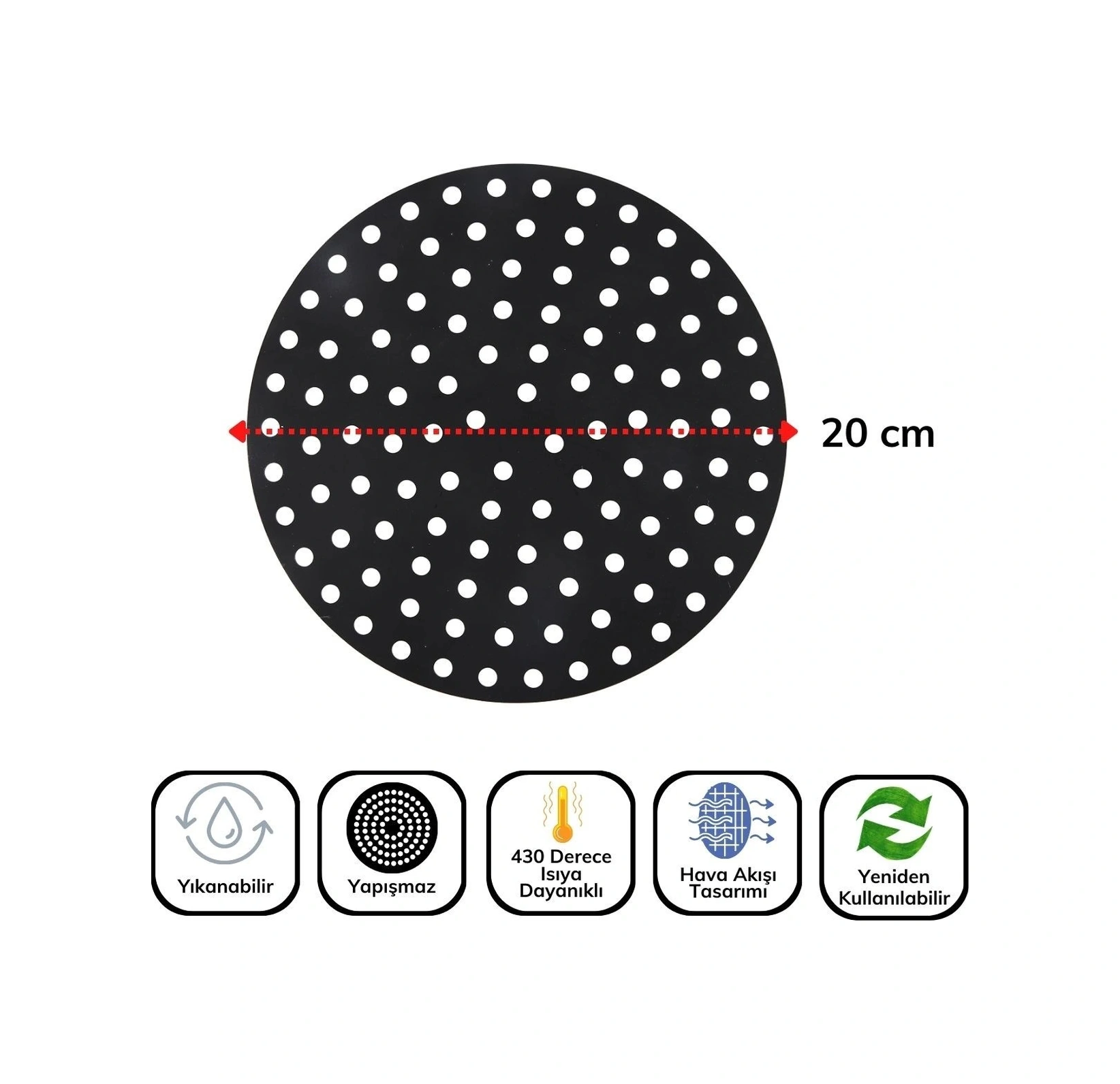 Siyah Isıya Dayanıklı Yıkanılabilir Silikon Fırın Ve Airfryer Yuvarlak Model Pişirme Matı 20 Cm