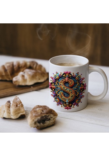 S Harfi Boho Bardak, Renkli Özel Tasarım Hediyelik Harfli Kupa, 330ml Porselen Beyaz