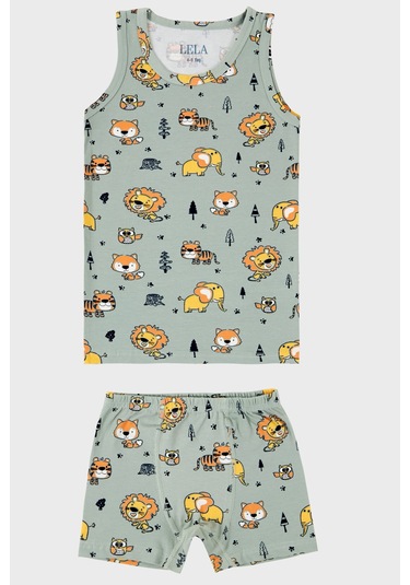 Lela Desenli Streç Pamuklu Bisiklet Yaka Atlet Boxer 2'Li Iç Giyim Erkek Çocuk Takım 6651010 Açık Haki