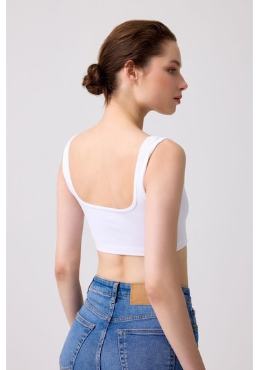 Cottonhill Premium - Kadın Beyaz Seamless Kare Yaka Crop Top Büstiyer Beyaz