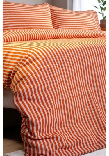 Turuncu Çizgili Keten Nevresim Yastık Seti 200x220 Cm Renkli