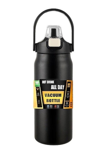 Siyah Taşınabilir Pipetli Termos 304 Paslanmaz Çelik Termal Kupa Bardak Kahve Fincanı Spor Termos Soğuk Ve Sıcak Su Şişesi 1000ml