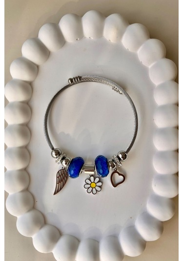 Lacivert Murano , Papatya Sallantılı 316l Çelik Bileklik - 0 / Gümüş Çelik