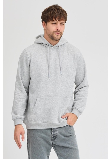 Erkek Gri Melanj Standart Fit Normal Kesim Içi Polarlı 3 Iplik Kapüşonlu Pamuklu Sweatshirt Gri Melanj